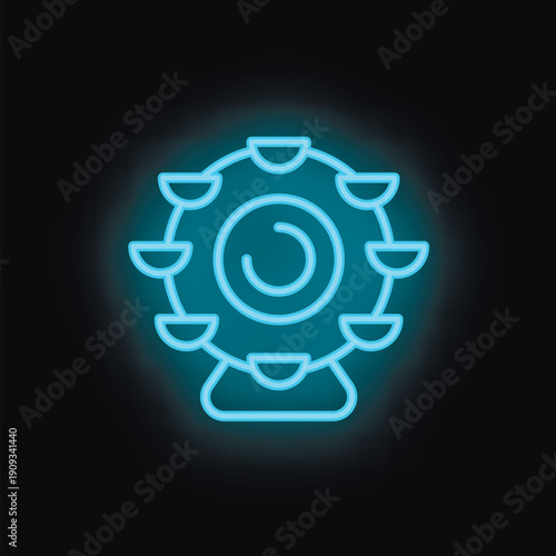 Neon sign depicting a ferris wheel, glowing blue against a black background, evokes the excitement and joy of amusement parks