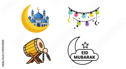 Icon Happy Eid Mubarak Greetings, Muslim people greet each other and shake hands. Celebrate Eid al-Fitr concept illustration