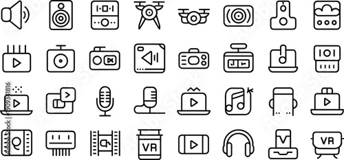 Multimedia Entertainment Line Icon Set Featuring Virtual Reality Headsets Drones Audio Speakers Microphone Video Playback Tools and Modern Digital Content Creation