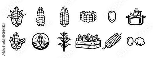 Corn Cob Line Icon Set – Maize, Agriculture and Food Symbols (Black and White)