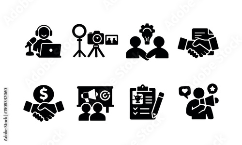 Creator partnerships. Filled icon set of Creator partnerships: content creator, camera setup, creative