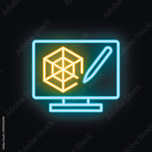 Neon icon of a computer displaying 3d modeling software with a stylus, representing digital design and creativity