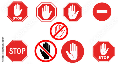 Stop hand sign icon set – no entry and prohibition hand gesture vector collection