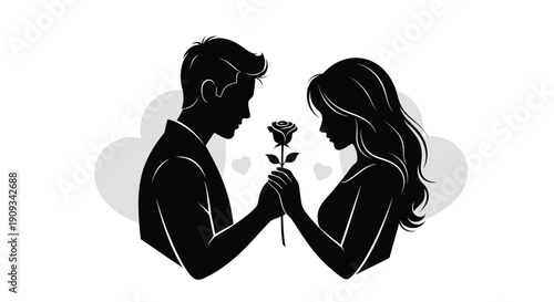 Silhouette of a couple in love with a rose and heart shapes