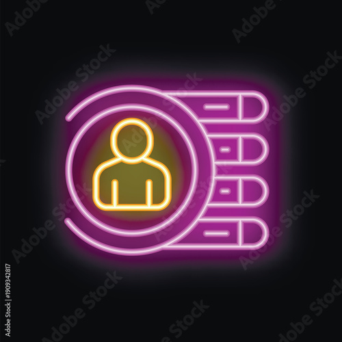 Neon icon of a candidate selection process with a magnifying glass choosing a person for a job