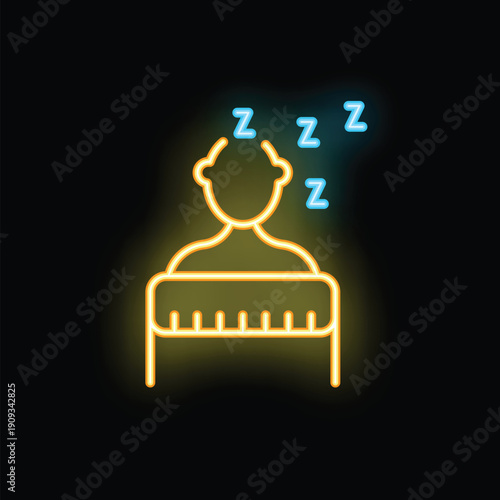 Bright neon sign depicting a person sleeping soundly in bed, with z's floating above their head, perfect for themes of rest, relaxation, and good sleep hygiene