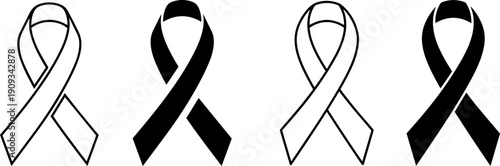 Cancer awareness ribbon icons set in black white