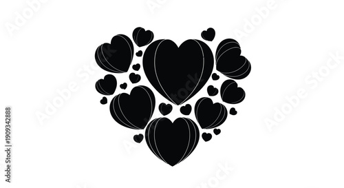 A cluster of black hearts forming a larger heart shape on a white background