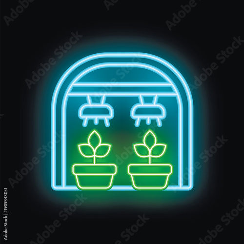 Neon sign depicting an indoor gardening setup, emphasizing the use of artificial light for plant growth