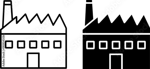 Simple factory building icons in black and white for industrial designs