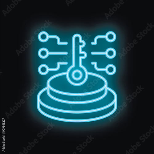 Neon blue icon depicting a key unlocking data storage, symbolizing access to valuable information