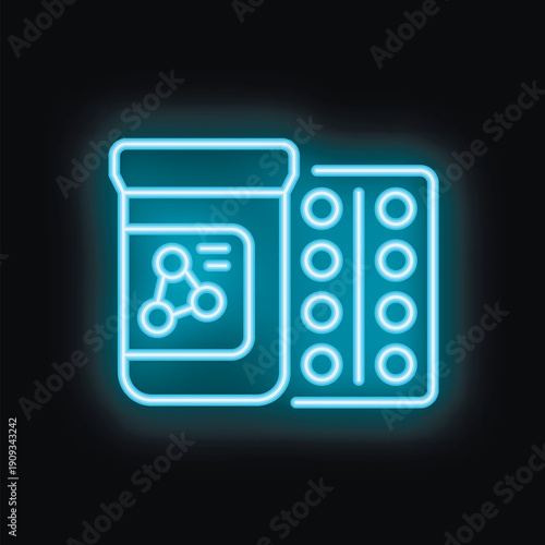 Glowing neon icon of a medicine bottle with a blister pack of pills, evoking pharmaceutical innovation and healthcare solutions