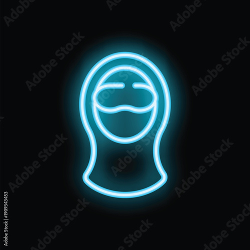 Neon sign representing the face of a woman wearing a niqab, glowing on a black background