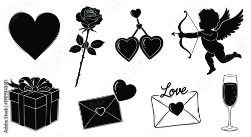 Black silhouettes depicting romantic symbols hearts roses cupid and gifts