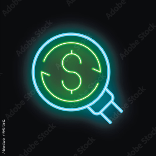 Neon magnifying glass is searching for a dollar currency symbol on a dark background