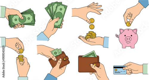 Hand drawn colorful hands holding money cash wallet and coins for financial savings vector illustration, cad drawing flat vector illustration