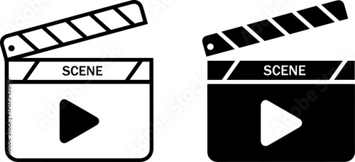 Film clapper boards with play buttons in black and white