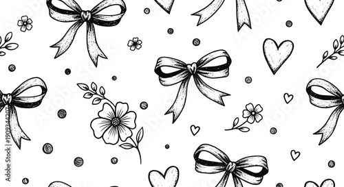 Black and white pattern featuring bows hearts flowers and delicate dots