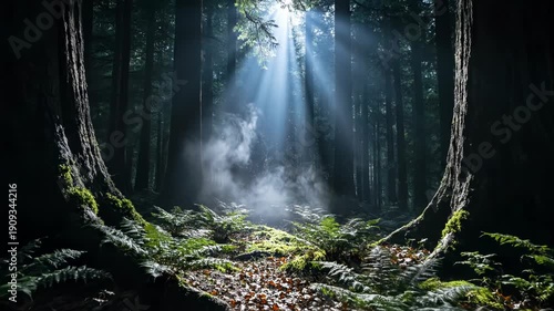 Sunbeams pierce a misty, mossy forest floor with fallen leaves