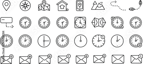 Navigation and Time Line Icon Set Featuring Map Pins Compass Mountain Peaks Clock Faces and Envelope Email Notification Symbols for Interface