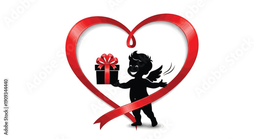 A red heart shape with a cupid holding a gift inside