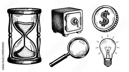Hand-Drawn Business and Finance Set with Hourglass Safe and Dollar Coin
