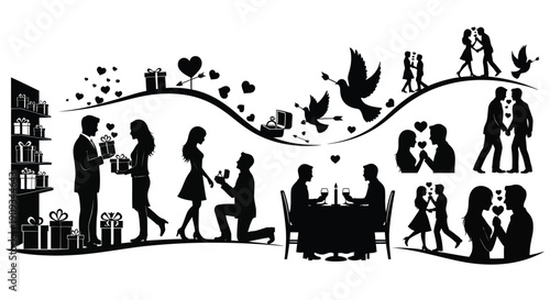 Silhouette illustration depicting stages of a romantic relationship and celebration