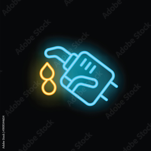 Bright blue and yellow neon gas can icon pouring gasoline on black background