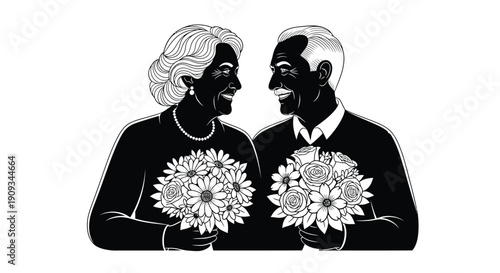 An elegant elderly couple face each other holding bouquets of sunflowers