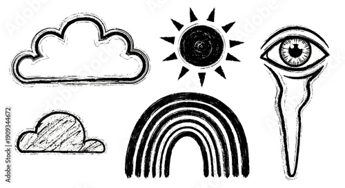 Boho Hand Drawn Sun, Cloud, Rainbow, and Eye Symbols - Grunge Style