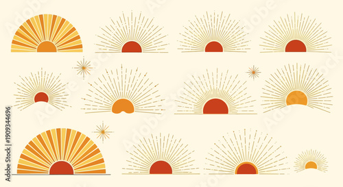 Boho Sunburst Set: Mid Century Modern Geometric Sun Rays and Stars