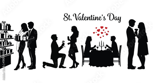 Silhouette illustrations depicting stages of a romantic relationship for valentine s day
