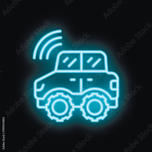 Blue glowing neon icon of a driverless autonomous vehicle of the future using artificial intelligence to connect to a wireless network