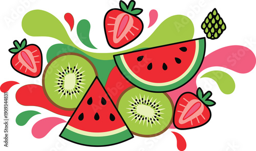 Fresh fruit slices and juicy splashes