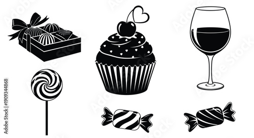 Black and white illustration of desserts sweets and a glass of wine
