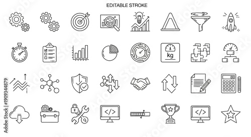 Business Icons Set: Strategy, Growth, Finance, Technology, and Success Concepts