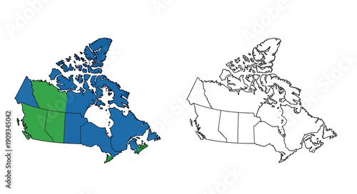 Canada Map Outline with Provinces Highlighted in Blue and Green