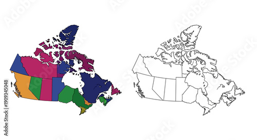 Canada Map Outline and Provinces Colored Regions Vector Illustration
