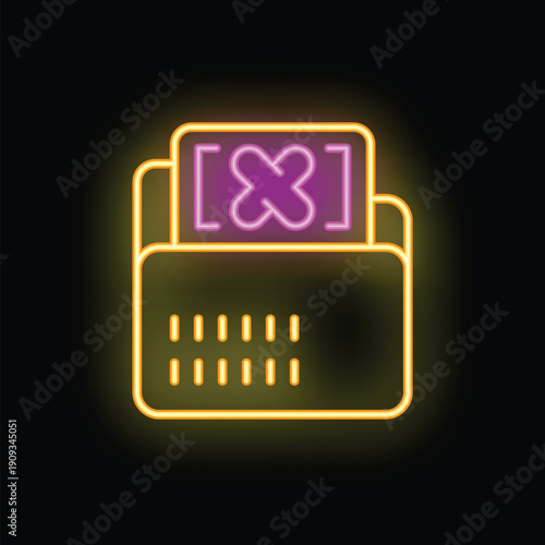 Glowing neon line icon of a fax machine receiving a document with an error cross mark, representing failed transmission