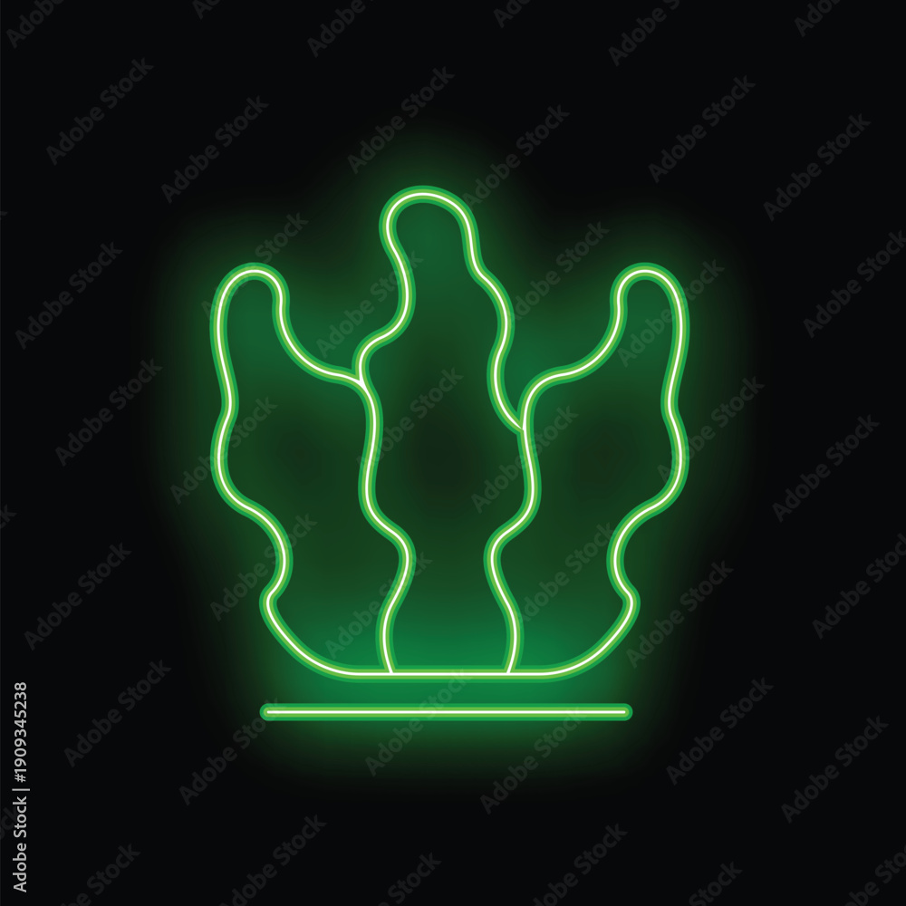 Obraz premium Glowing green neon seaweed icon with base representing underwater life and marine plants