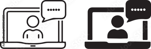 Video conference icon set with laptop silhouette and line style, virtual meeting vector