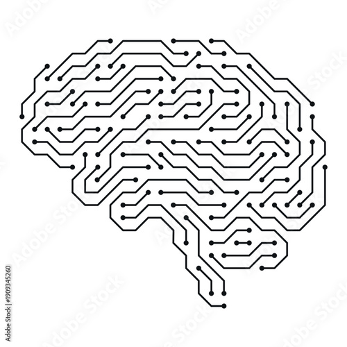 Illustration of a digital brain made from electrical wiring nodes, symbolizing the connection between technology and human thinking and highlighting the combination of digital and cognitive concepts.