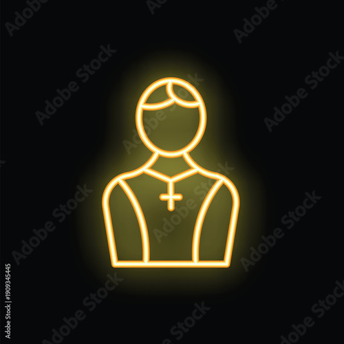 Neon yellow silhouette of a catholic priest wearing a cassock with a cross necklace