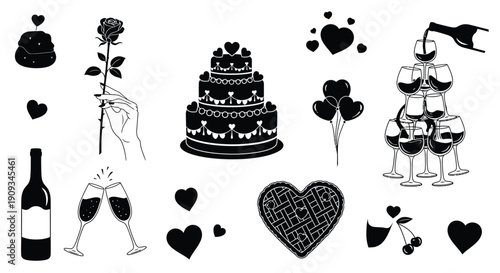 Black and white illustration of romantic symbols hearts cake wine and roses