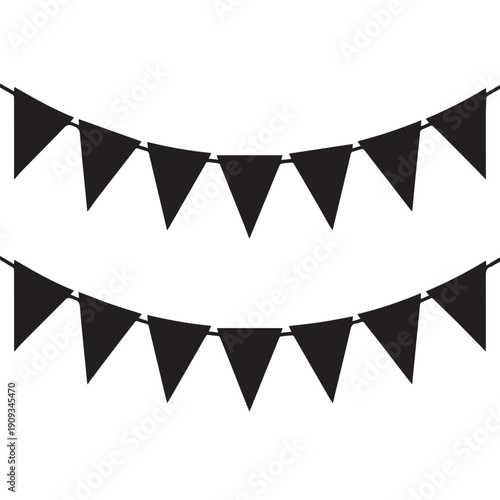 Bunting flags silhouette on string for birthday party decoration, holiday anniversary fabric garlands design, modern festive hanging decoration. Isolated. Vector illustration.
