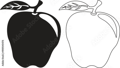Black silhouette and outline of a mango fruit with a leaf black and white