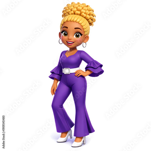 Women With Pineapple Curly Blonde Hairstyle Wearing Purple Outfit With Flared Sleeves And Pants