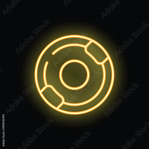 Yellow neon sign showing a lifebuoy, a symbol of help and rescue for people in danger