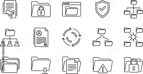 Set of Folder and Document Management Line Icons Featuring Data Security File Organization Storage Systems and Information Technology Network Graphics
