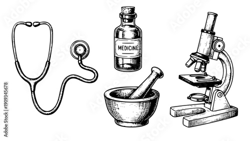 Vintage Medical and Laboratory Illustration Set with Microscope and Stethoscope